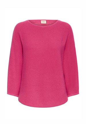 Maglione fucsia lavorato a maglia con scollo rotondo, maniche a tre quarti e motivo testurizzato; tessuto morbido di peso medio, vestibilità leggermente comoda.