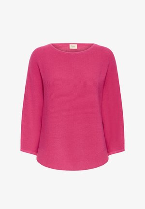 Maglione fucsia lavorato a maglia con scollo rotondo, maniche a tre quarti e motivo testurizzato; tessuto morbido di peso medio, vestibilità leggermente comoda.