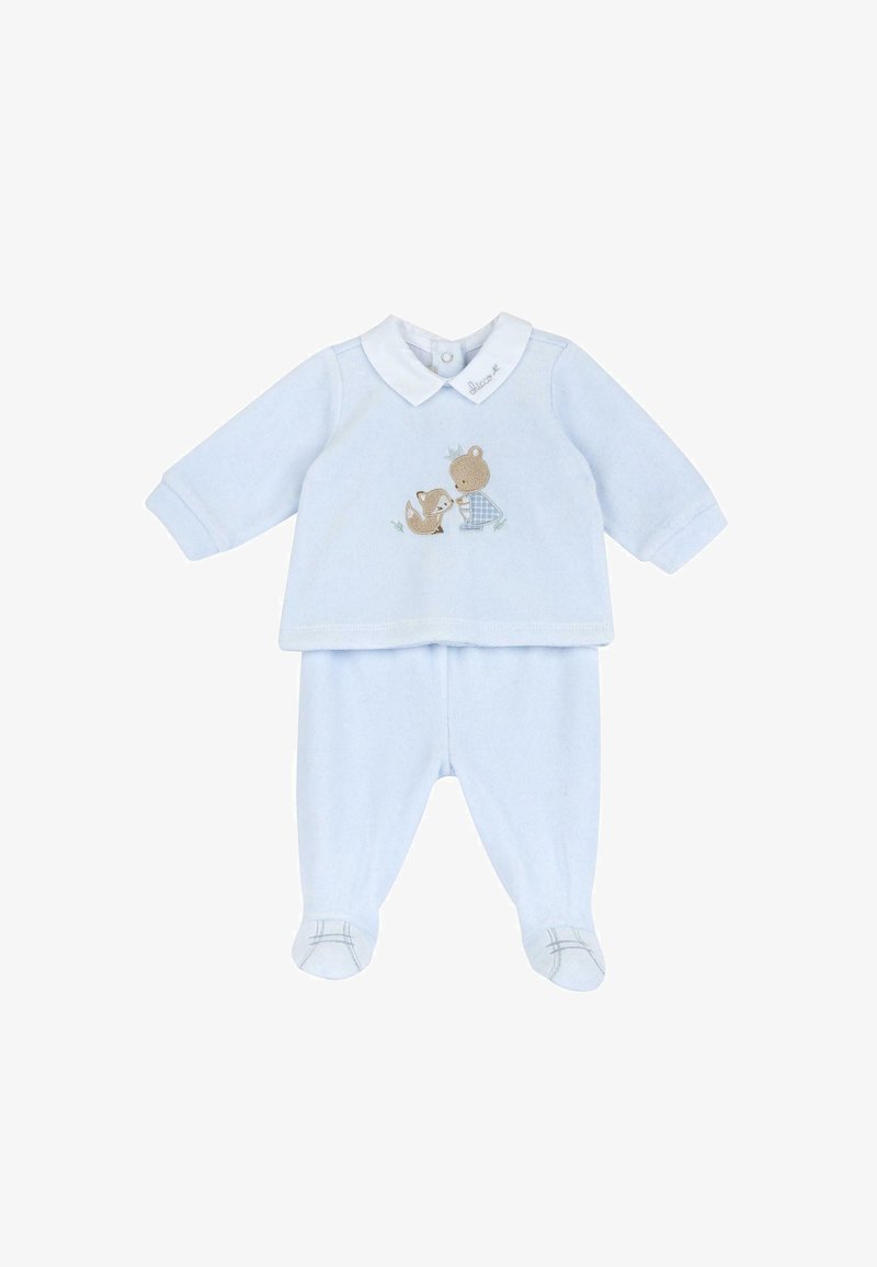 Hellblaue Baumwoll-Babykleidung mit langen Ärmeln, versehen mit einem weißen Kragen und einem gestickten Bären- und Fuchsdesign auf der Vorderseite. Mit Fußteil.
