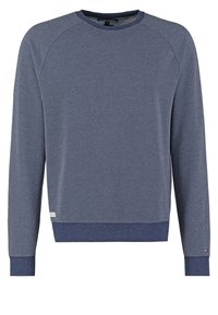 Sudadera azul marino con patrón texturizado, cuello redondo y puños y dobladillo acanalados. Cuenta con etiqueta de marca en el lateral inferior.