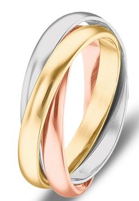 Three intertwined rings in silver, gold, and rose gold. Smooth, polished surfaces with a seamless design and rounded edges.