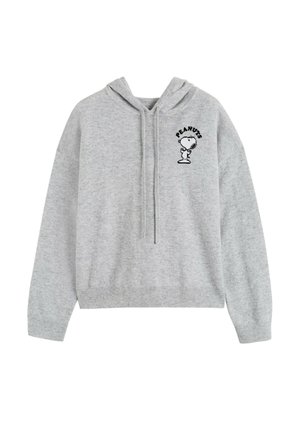 Felpa con cappuccio grigia in tessuto morbido. Presenta polsini e orlo a costine, con una grafica nera di Snoopy e il testo "PEANUTS" sul petto.