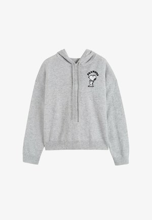 Sweat à capuche gris en tissu doux. Comprend des poignets et un ourlet côtelés, avec un motif Snoopy noir et le texte "PEANUTS" sur la poitrine.