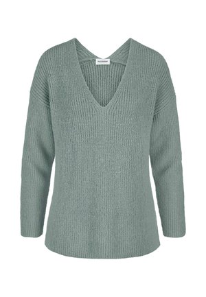 Zacht groene gebreide trui met een diepe V-hals, lange mouwen en een geribbelde textuur, weergegeven op een witte achtergrond.