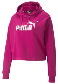 Sudadera corta de mezcla de algodón en rosa brillante, con un gran logo blanco de Puma en la parte delantera, capucha con cordón y puños acanalados.