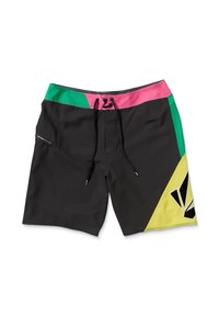 Shorts de bain pour hommes avec un corps principal noir, des accents colorés verts, roses et jaunes, un logo en bas à droite et une taille à cordon.