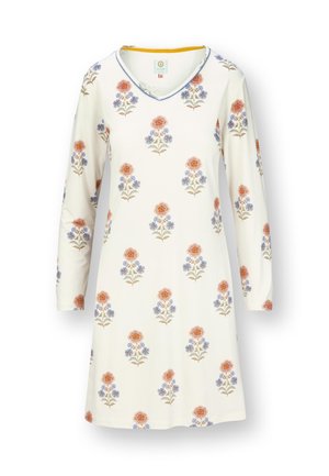 Cream long-sleeve dress with V-neck and repeating orange and blue floral pattern, featuring a yellow trim inside the collar.