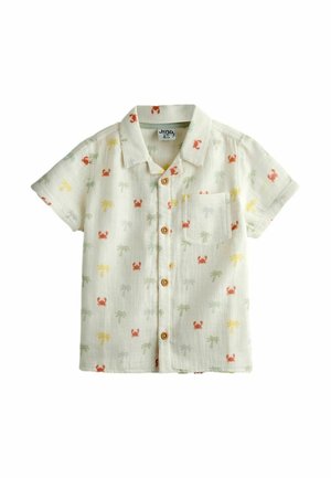 Short-sleeve cream button-up shirt with colorful crab and palm tree prints and a small chest pocket.