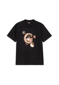 Camiseta negra de manga corta con un diseño de letra "G" en estilo burbuja metálico y reflectante en el centro delantero.