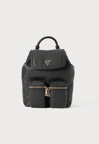 Schwarzer Leder-Rucksack mit vorderen Reißverschlusstaschen, goldfarbenen Beschlägen und einem Oberhandgriff. Verfügt über einen umklappbaren Deckel und ein Logodetail.