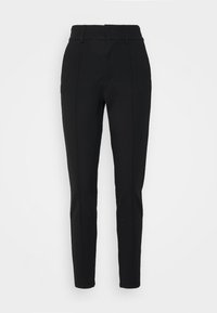 Pantalon noir ajusté avec taille haute, texture lisse et coupe droite avec plis à l'avant. Pas de matériel visible.