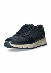 Sneaker sportivo da uomo in pelle blu navy con dettagli in texture, suola in gomma bianca e rivestimento multicolore. Presenta lacci tondi e accenti di cucitura.