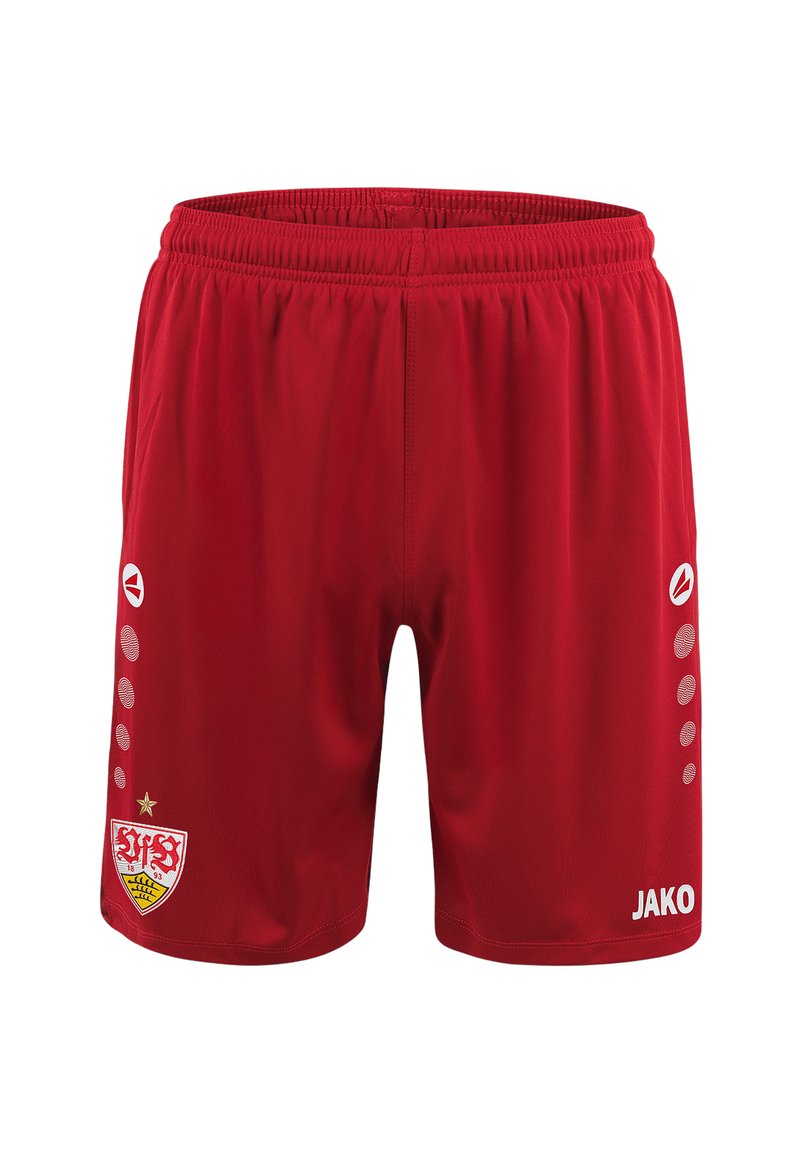 Rode sportshorts met een elastische tailleband, voorzien van een logo en embleem aan de voorkant, en met patroonaccenten aan de zijkanten.