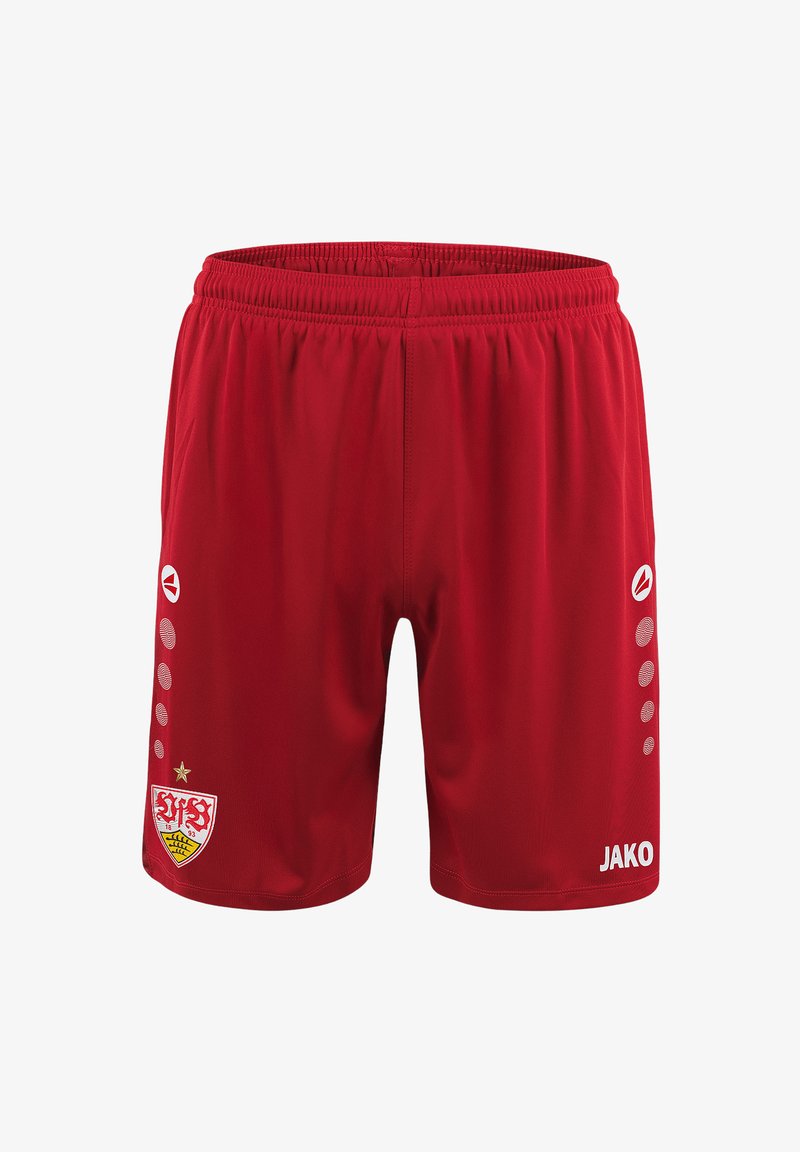 Rode sportshorts met een elastische tailleband, voorzien van een logo en embleem aan de voorkant, en met patroonaccenten aan de zijkanten.
