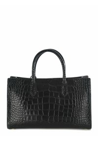 Borsa in pelle nera con embossing a forma di coccodrillo, dotata di due manici arrotondati, forma rettangolare e sottili dettagli metallici alla base.