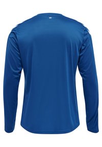 Langærmet atletisk skjorte i livlig blå, lavet af glat, letvægtsstof. Har en rund hals og et diskret logo nær kraven.