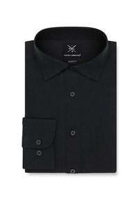 Czarna koszula slim fit z klasycznym kołnierzykiem, zapięciem na guziki z przodu oraz mankietem na jeden guzik. Wykonana z gładkiego materiału, z metką wewnątrz.