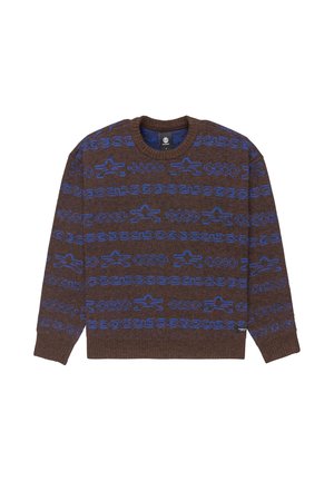Brązowy sweter o teksturowanym wykończeniu, z niebieskim geometrycznym wzorem. Klasyczny krój z okrągłym dekoltem i długimi rękawami. Miękki materiał.