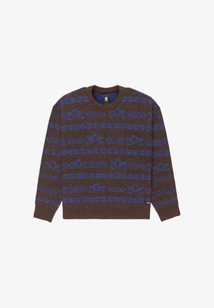 Brauner Pullover mit strukturiertem Finish, mit einem blauen geometrischen Muster. Klassischer Rundhalsausschnitt und lange Ärmel. Weiches Material.