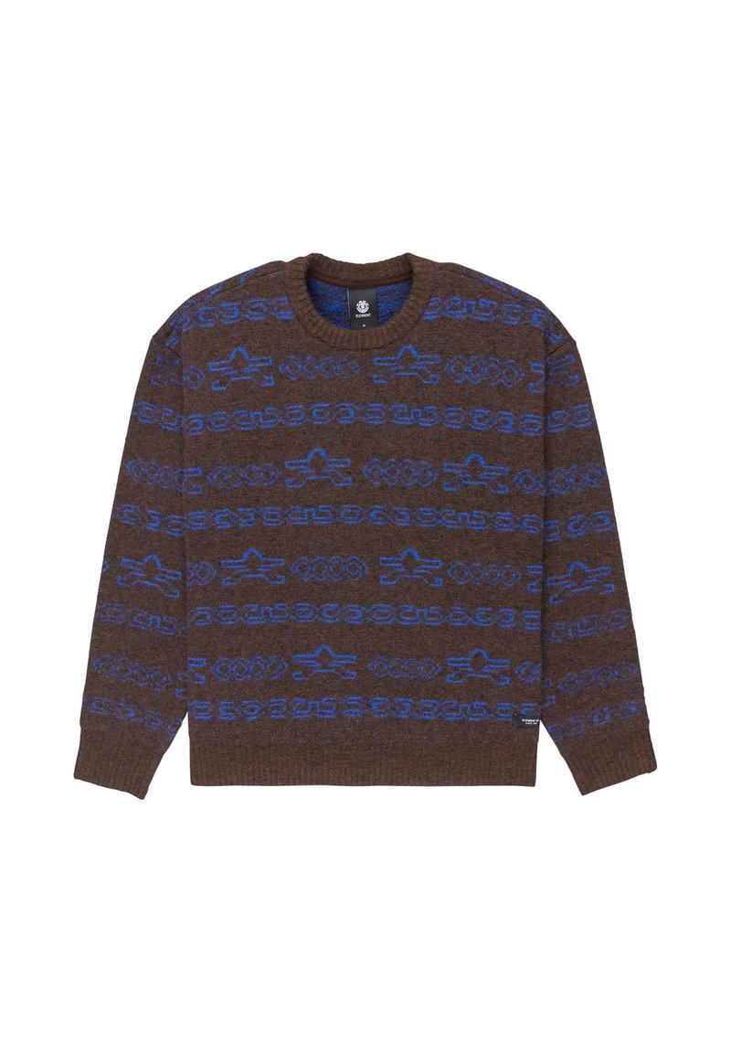 Brauner Pullover mit strukturiertem Finish, mit einem blauen geometrischen Muster. Klassischer Rundhalsausschnitt und lange Ärmel. Weiches Material.