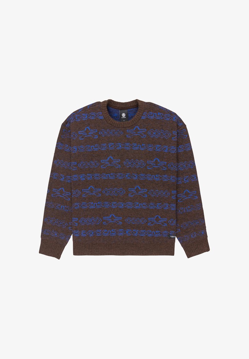 Pull marron avec une finition texturée, arborant un motif géométrique bleu. Design classique à col rond et manches longues. Matériau doux.