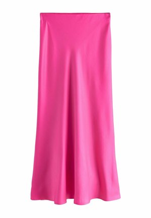 Jasnoróżowa satynowa spódnica midi o gładkiej, płynącej teksturze i delikatnym rozszerzeniu na dole, przedstawiona na białym tle.