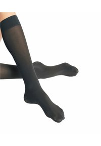 Kniestrümpfe aus schwarzem, glattem und transparentem Material. Sie haben ein festes schwarzes Band oben und sind so konzipiert, dass sie eng anliegen.