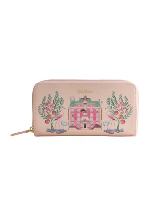 Light pink zip-around wallet featuring a central pink and green building illustration flanked by floral branches and birds.