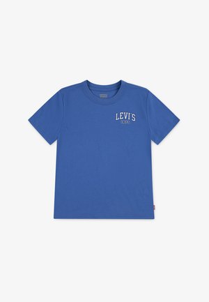Blaues Baumwoll-T-Shirt mit kurzen Ärmeln, rundem Halsausschnitt und einem weißen "LEVI'S"-Logo mit dem Text "1973" auf der linken Vorderseite.