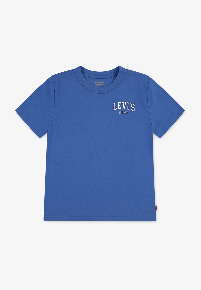 Modrá bavlněná tričko s krátkým rukávem, kulatým výstřihem a bílým logem "LEVI'S" s textem "1973" na levé přední straně.