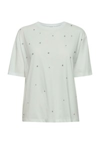 T-shirt bianco a maniche corte realizzato in tessuto morbido, con piccoli strass argentati sparsi. Design classico con collo rotondo e vestibilità rilassata.
