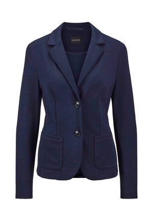 Marineblauer Blazer aus weichem Stoff, mit Reverskragen, zwei Fronttaschen und zwei vorderen Knöpfen zum Schließen.