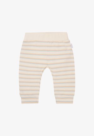 Katoenen babybroekjes in crème, met horizontale strepen in pasteloranje en blauw. Elastische tailleband voor comfort, zachte textuur.