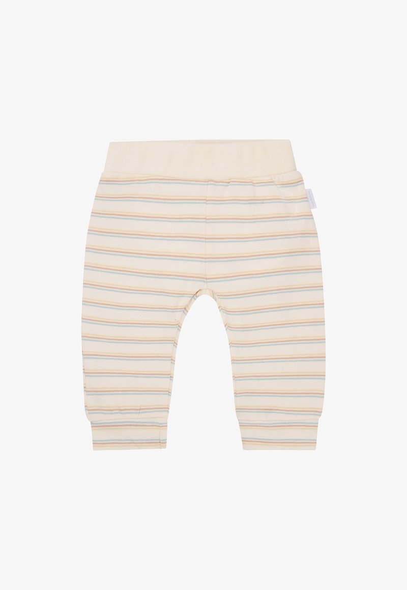 Babypants aus Baumwolle in Creme, mit horizontalen Streifen in pastellorange und blau. Elastischer Bund für zusätzlichen Komfort, weiche Textur.