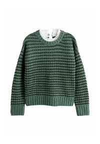 Green striped sweater with a textured knit, featuring a white ruffled collar and ribbed cuffs and hem.