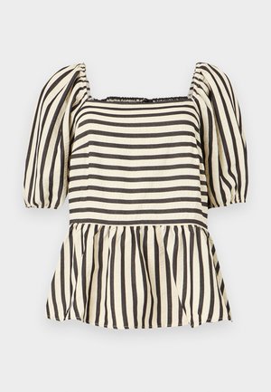 Μπλούζα με μαύρες και λευκές ρίγες, με φουσκωτά κοντά μανίκια, τετράγωνη λαιμόκοψη και σούρες στη μέση με πεπλούμ.