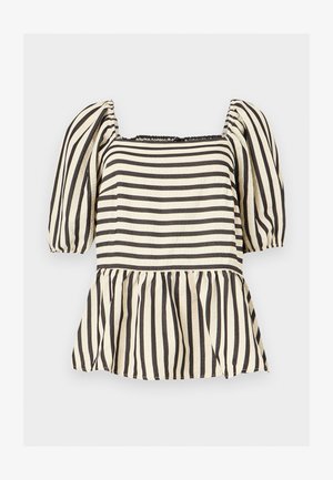 Μπλούζα με μαύρες και λευκές ρίγες, με φουσκωτά κοντά μανίκια, τετράγωνη λαιμόκοψη και σούρες στη μέση με πεπλούμ.