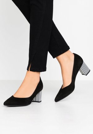 Escarpins noirs en daim à bout pointu avec talons blocs rayés blancs et noirs portés avec un pantalon noir longueur cheville.