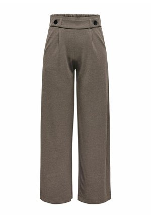 Höga vida bruna byxor med elastisk midja och två svarta knappar fram, gjorda av mjukt material.