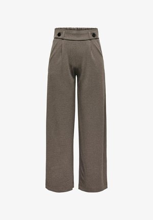High-waist wide-leg brown pants with elastic waistband and two black buttons on front, made of soft fabric.