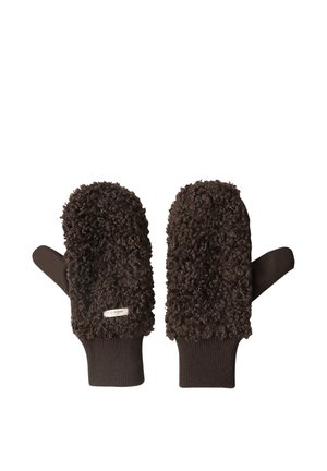 Paar donkergroene wanten met krullende, gestructureerde fleece aan de achterkant en gladde stof aan de palm, met geribde boorden en een klein etiket.
