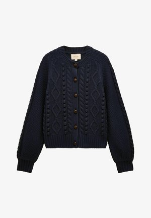Dunkelblaues, gestricktes Cardigan mit Kabelmustern, rundem Ausschnitt und Holzknoepfen an der Vorderseite. Verfuegt ueber gerippte Manschetten und Saum.