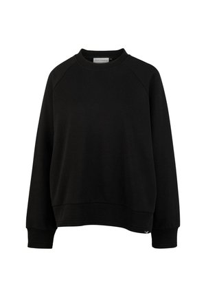Schwarzer Pullover aus weichem Stoff, mit Rundhalsausschnitt, Raglanärmeln und gerippten Bündchen und Saum. Schlichtes und minimalistisches Design.