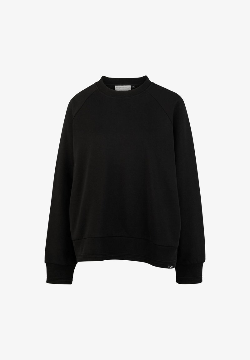 Schwarzer Pullover aus weichem Stoff, mit Rundhalsausschnitt, Raglanärmeln und gerippten Bündchen und Saum. Schlichtes und minimalistisches Design.