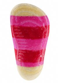 Calzino a righe colorate con bande rosse, rosa e gialle. Tessuto morbido e strutturato con punta arrotondata e bordo a coste per dare supporto.