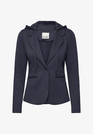 Sacou bleumarin cu glugă, dotat cu închidere cu un singur nasture, două buzunare frontale și un material neted, ușor texturat.