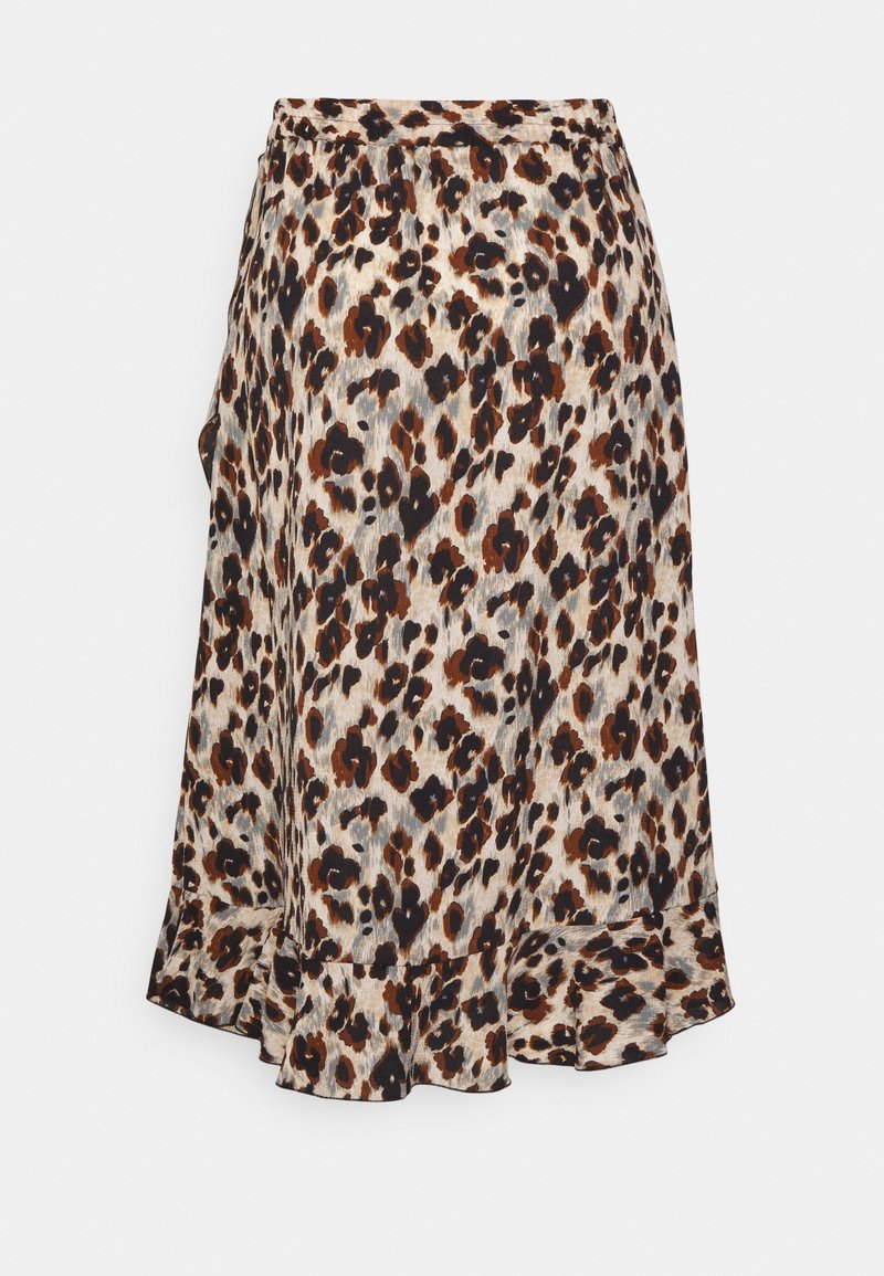 Jupe midi avec imprimé léopard dans des tons marron, noir et beige, avec un ourlet à volants et une taille élastique.