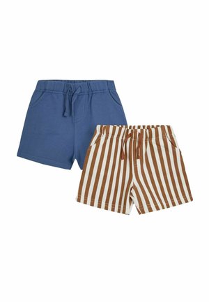 Deux paires de shorts : l'une est bleu uni, l'autre a des rayures marron et crème. Les deux possèdent des ceintures élastiques et des poches.