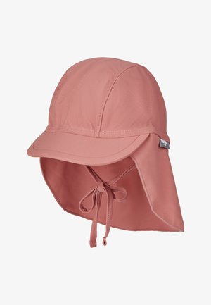 Light pink outdoor hat with a wide brim, adjustable neck flap, and tie at the back. Made of smooth, lightweight fabric for sun protection.