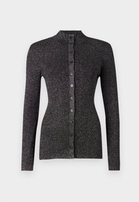 Svart ribbestrikket cardigan laget av strukturert materiale, med høy hals, lange ermer og en rad med seks matchende knapper foran.